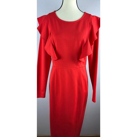 Rachel Parcell Sz L Red Ponte Knit Double Ruffle Sheath Dress Career, Party - Picture 2 of 14